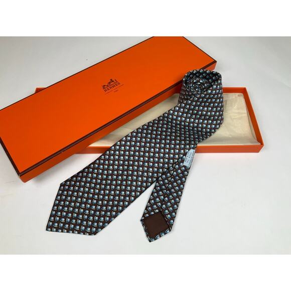 Men’s Hermes Derby Hat 100% Silk Neck Tie REF: 5329 TA | No Box - Picture 2 of 2